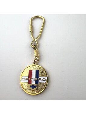 Vintage 1980s Camaro Brass and Enamel Keychain Key Ring w/ Carabiner Clip
